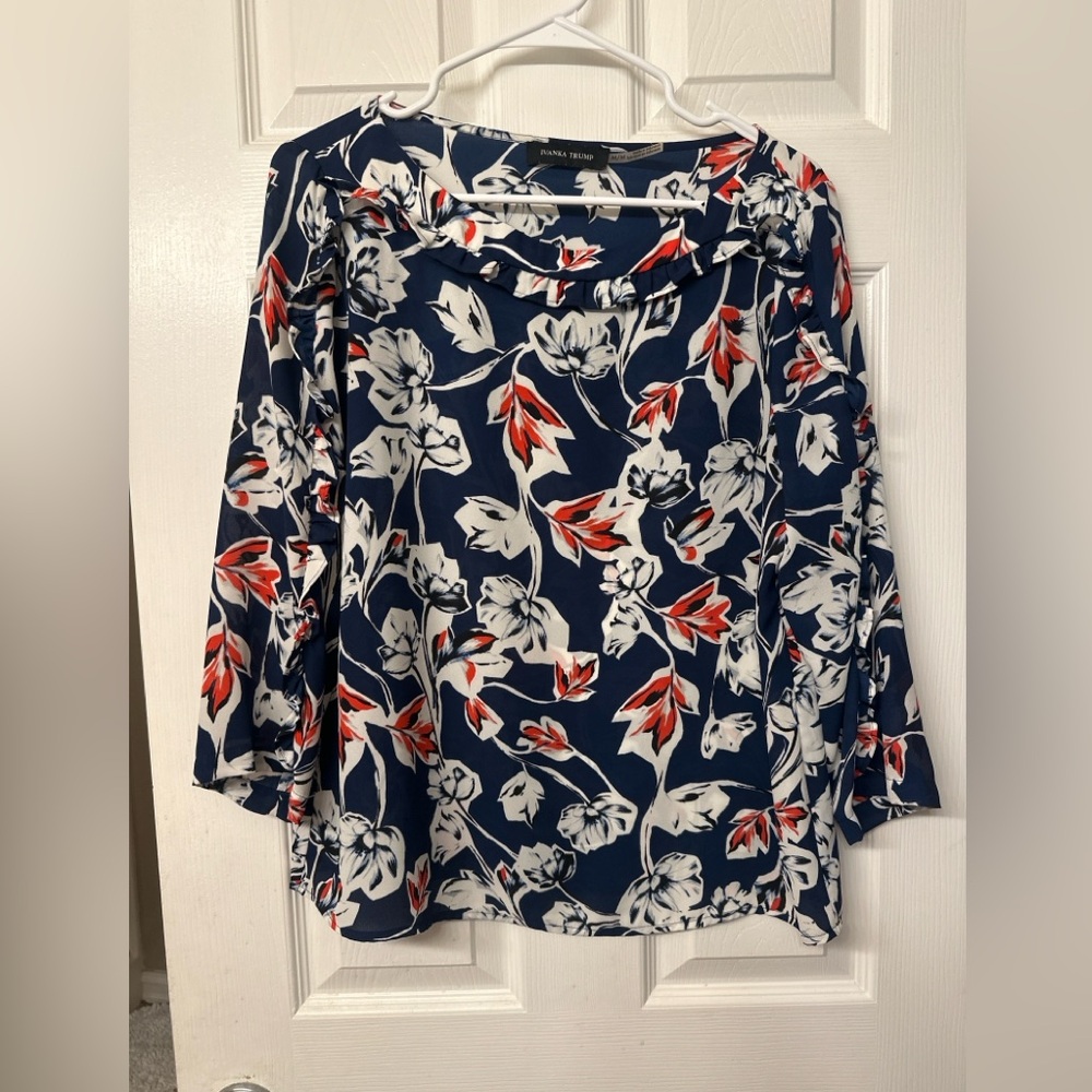 Ivanka Trump Navy Floral Ruffle Blouse Size M Career Workwear Top